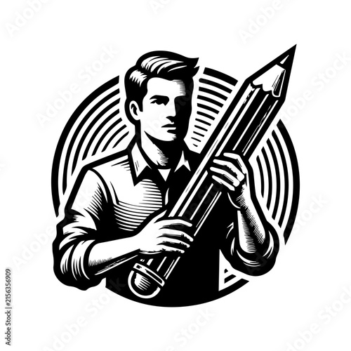 Black and white illustration of a creative man holding a large pencil.