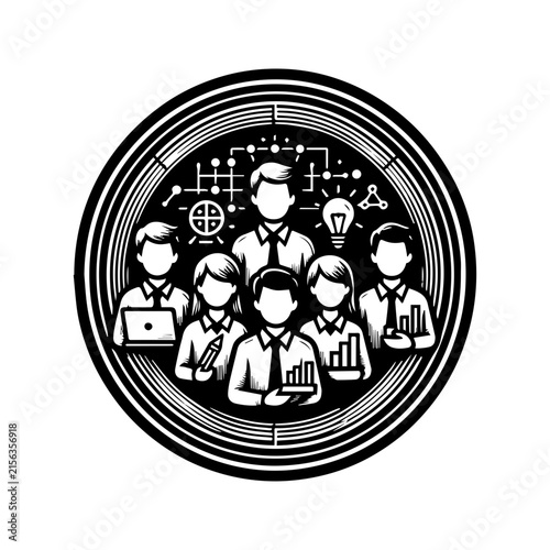 Black and white circular icon featuring a group of business professionals and technology symbols.