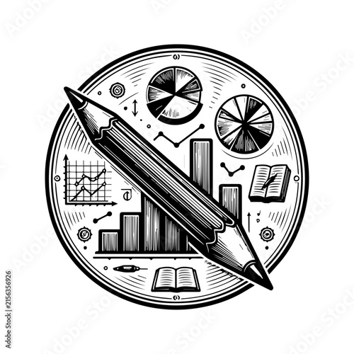 Vintage style circular illustration featuring a pencil surrounded by business charts and financial data elements.