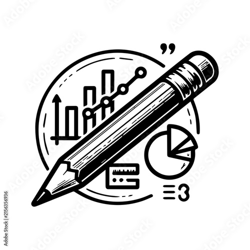 Hand drawn illustration of a pencil with business charts and data analysis icons.