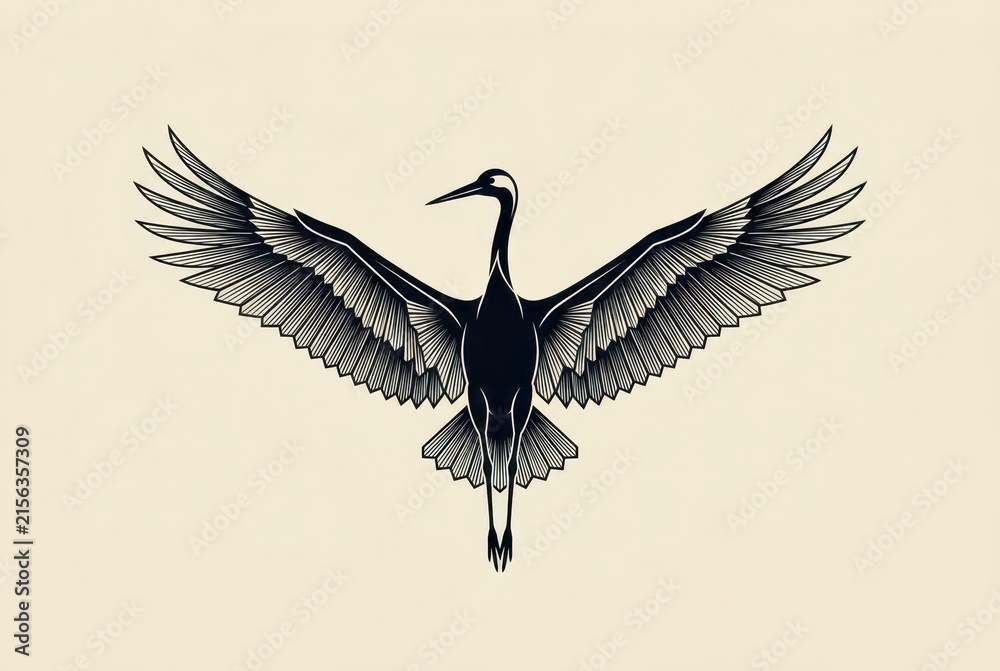 Obraz premium Elegant Stylized Crane Illustration with Spread Wings in Woodcut Style, Minimalist Bird Vector Art for Design Projects