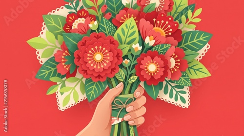 Hand Holding Paper Flower Bouquet with Red and Green Floral Design. Papercraft Origami Style Illustration and Vector