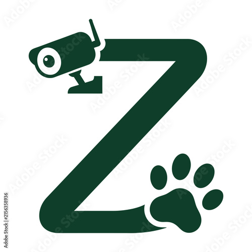 Green letter Z logo design with security camera and animal paw print