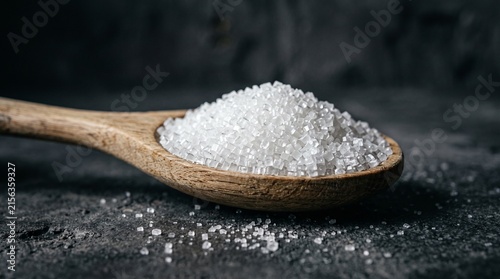A close-up shot of a wooden spoon overflowing with white refined sugar crystals, placed on a dark, rustic stone surface.