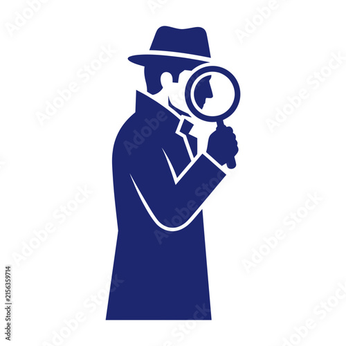 Private investigator with magnifying glass in hand searching for clues closely