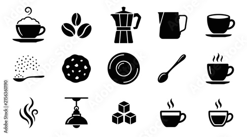 Set of coffee and cafe related black silhouette icons.