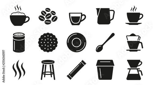 Set of coffee and cafe related icons in solid black silhouette style.