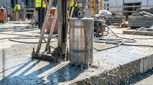 Core drilling into concrete slab with water and slurry spray at construction site, structural testing and building development.