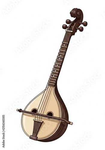 Classic acoustic guitar with ornate design and tuning pegs.
