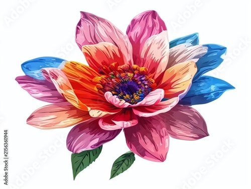 Vibrant pink and orange petaled flower with blue butterflies.