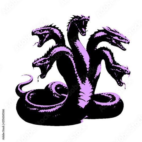 Obraz na płótnie Powerful mythical hydra creature illustration featuring a multi-headed snake design in bold black and purple duotone colors