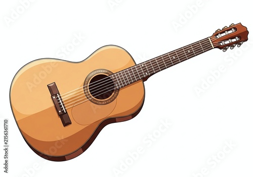 Acoustic guitar with wooden body and steel strings.