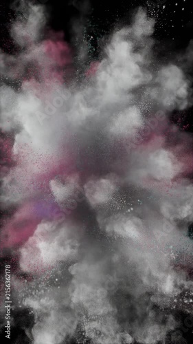 Slow-motion explosion of white and colorful powder particles in 3D, creating abstract visual