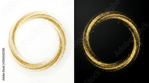 Golden glitter dust circles on white and black backgrounds