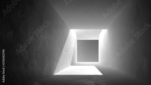 Centered vertical void with square opening, smooth matte plaster walls, soft milky white light filling shaft, absolute symmetry, minimal high key contemplative composition