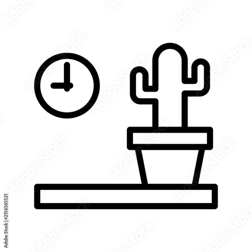 Side Table with Plant and Clock Simple Line Icon