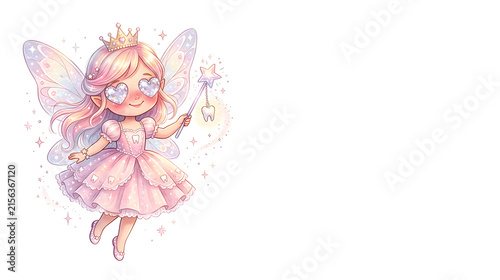 An adorable tooth fairy with giant heart-shaped sparkling eyes, rosy cheeks and an irresistibly sweet smile, delicate translucent wings, pastel pink dress, tiny crown, holding a magical wand with 