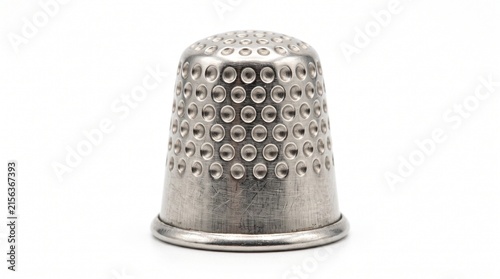 Close up of a vintage metal thimble with dimpled surface and scratches on a white background