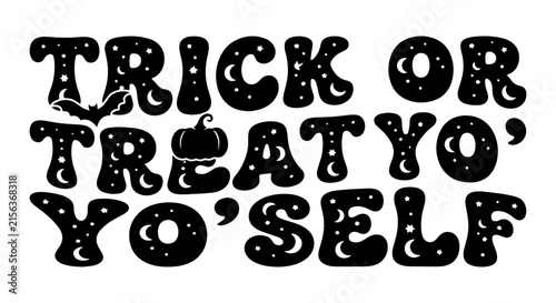 Retro Halloween Trick or Treat Yo' Self Vector Art, Spooky Bat and Pumpkin Graphic