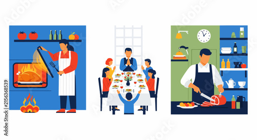 Traditional Thanksgiving Dinner Preparation and Family Prayer Vector