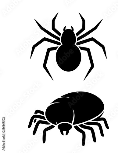 Black spider and tick insect silhouettes on white background.