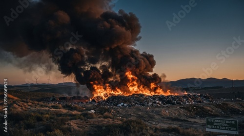 A large, uncontrolled fire burning a pile of waste in a desolate landscape, producing a massive plume of dark smoke against a twilight sky.