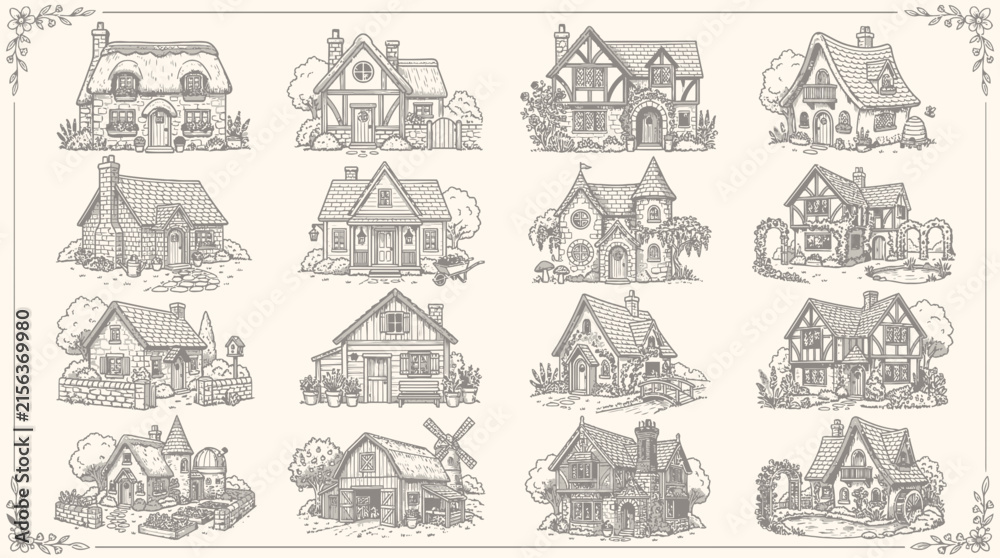 Fototapeta premium Vintage hand-drawn cottage collection. Antique sketch houses, rustic country homes, quaint cabins, old victorian buildings. Sepia engraving style for travel and urban design.