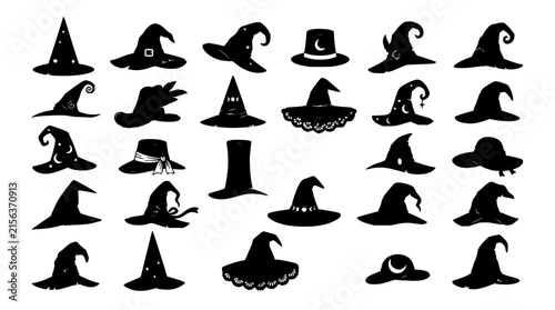 Witch hat silhouettes set with minimalist black vector illustrations featuring pointed hats, crescent moons, and stars with clean lines and geometric shapes