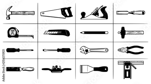 Woodworking tools set in clean grid layout featuring saws, chisels, hammers, clamps, and measuring tools with vintage wooden background and shadows