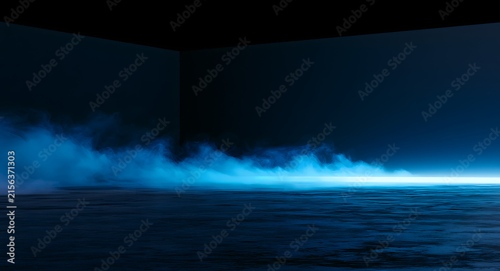 Naklejka premium Mockup with an abstract background, showing a black wall and a smoky concrete floor, bathed in blue light.