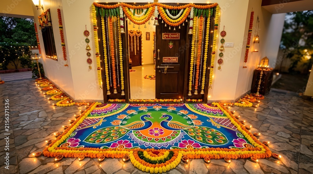 Fototapeta premium Beautiful diwali decoration with peacock rangoli and marigold flowers at house entrance