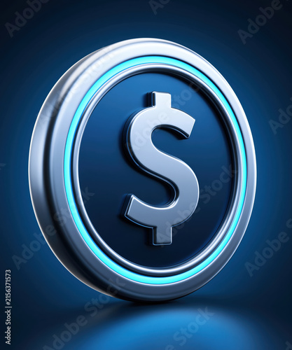 Silver coin icon dollar sign blue background 3d render metallic circle finance symbol currency icon investment concept money icon round emblem