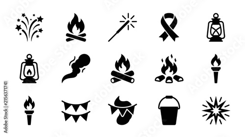 Collection of festive event and camping activity solid vector icons.