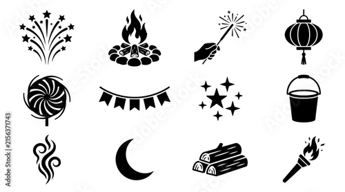 Set of black and white vector celebration and camping icons.