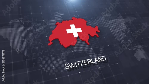 Switzerland map with national flag on digital world map background, geographic border, global political and international news concept