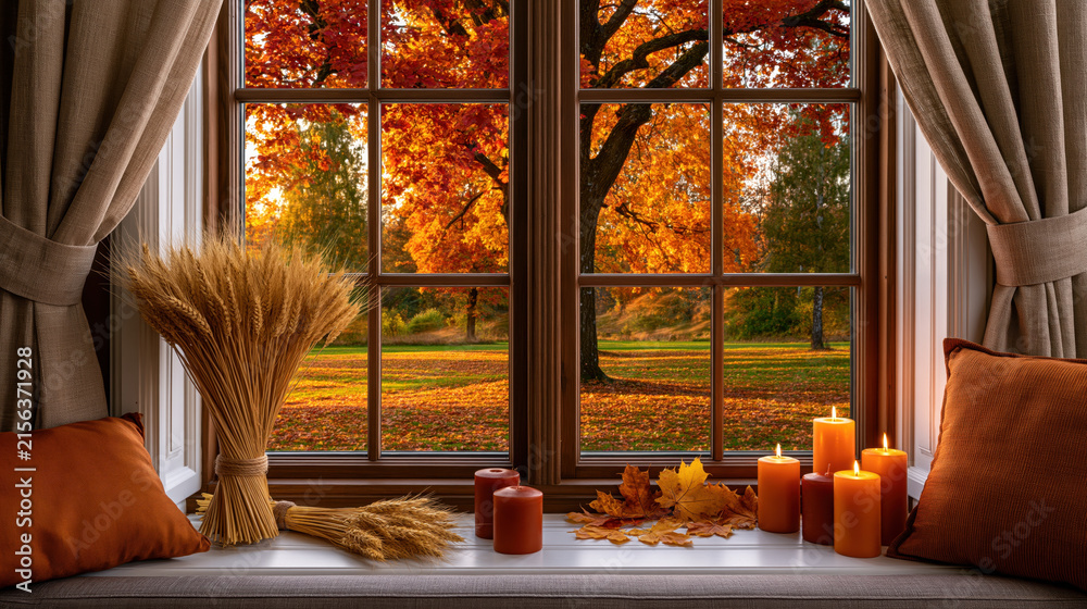 Fototapeta premium Autumn living room window with warm decor and fall park view