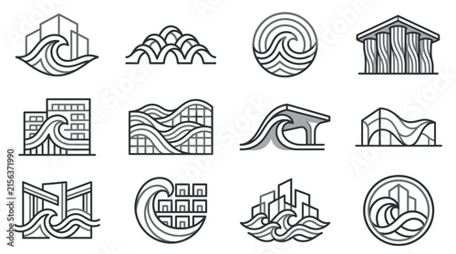 Linear wave and building logo icons.