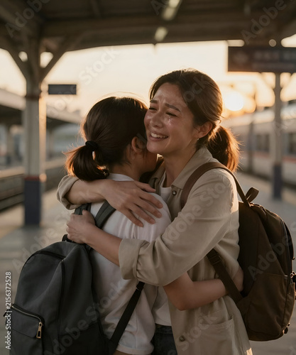 Emotional reunion between a mother and daughter at a train station, tears of joy and a heartfelt embrace in golden sunset light, cinematic storytelling and authentic commercial lifestyle photography