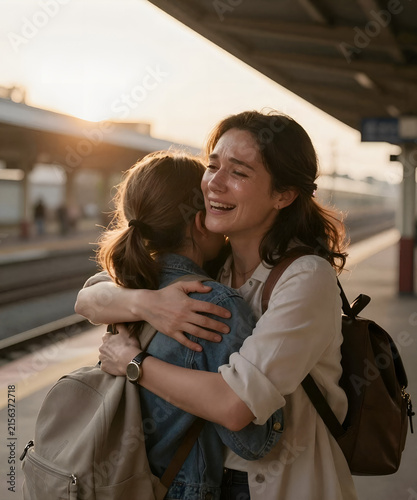 Emotional reunion between a mother and daughter at a train station, tears of joy and a heartfelt embrace in golden sunset light, cinematic storytelling and authentic commercial lifestyle photography