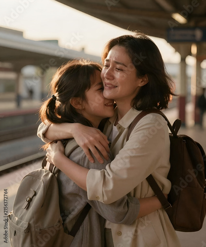 Emotional reunion between a mother and daughter at a train station, tears of joy and a heartfelt embrace in golden sunset light, cinematic storytelling and authentic commercial lifestyle photography