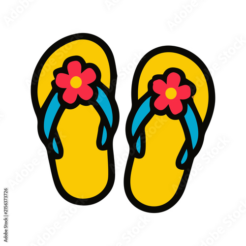 A pair of yellow flip flops with red flower decorations isolated on white background.