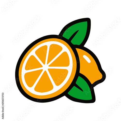 Stylized vector illustration of a fresh orange fruit with green leaves.