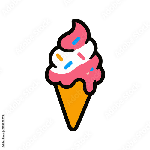 A cute cartoon illustration of a strawberry and vanilla ice cream cone with colorful sprinkles.