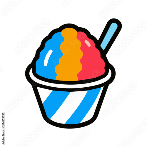 Colorful shaved ice treat in a striped cup with a spoon icon.