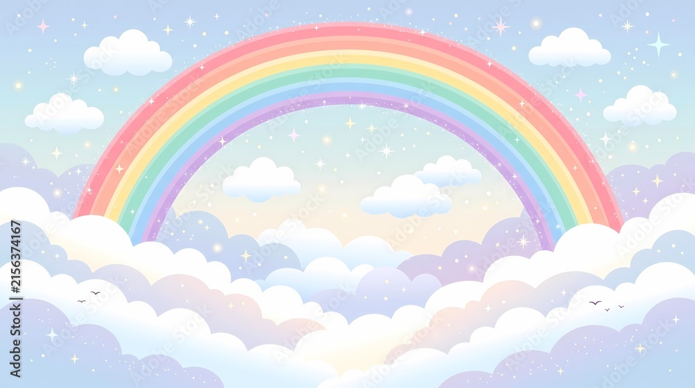 Fototapeta premium Colorful rainbow arching over fluffy clouds in a bright blue sky.