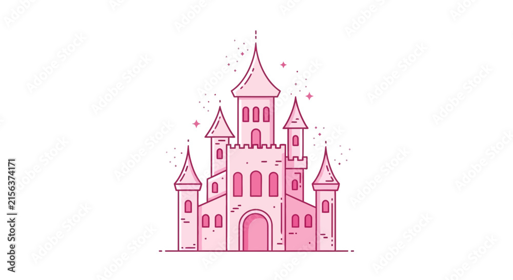 Fototapeta premium Magical Pink Castle Illustration: Fairytale Building, Fantasy Princess Home, Dreamscape Icon