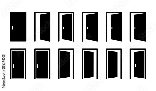 Door opened and closed flat style simple black vector graphic design icons set on transparent background.