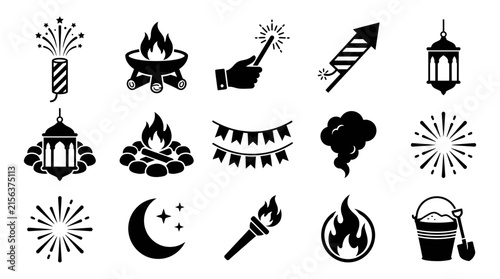 Set of firework and festival celebration icon vectors.