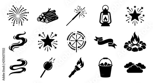 Set of fire and camping related icons in black and white style.