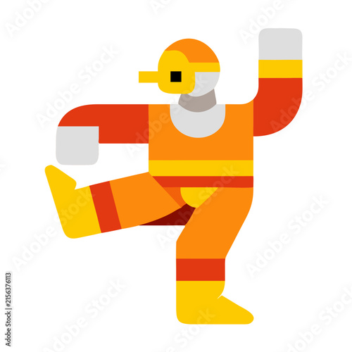 Abstract geometric character illustration in a dynamic dancing pose with vibrant orange and yellow colors.